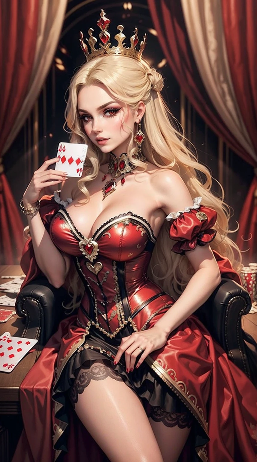 Em um luxuoso cassino, A stunning woman wears an exquisite dress adorned with heart symbols, embodying the royal presence of the Queen of Hearts. Surrounded by a backdrop of poker cards and chips, She exudes confidence and seduction, convidando os jogadores a testar sua sorte e habilidades no jogo de azar. morena de cabelos longos