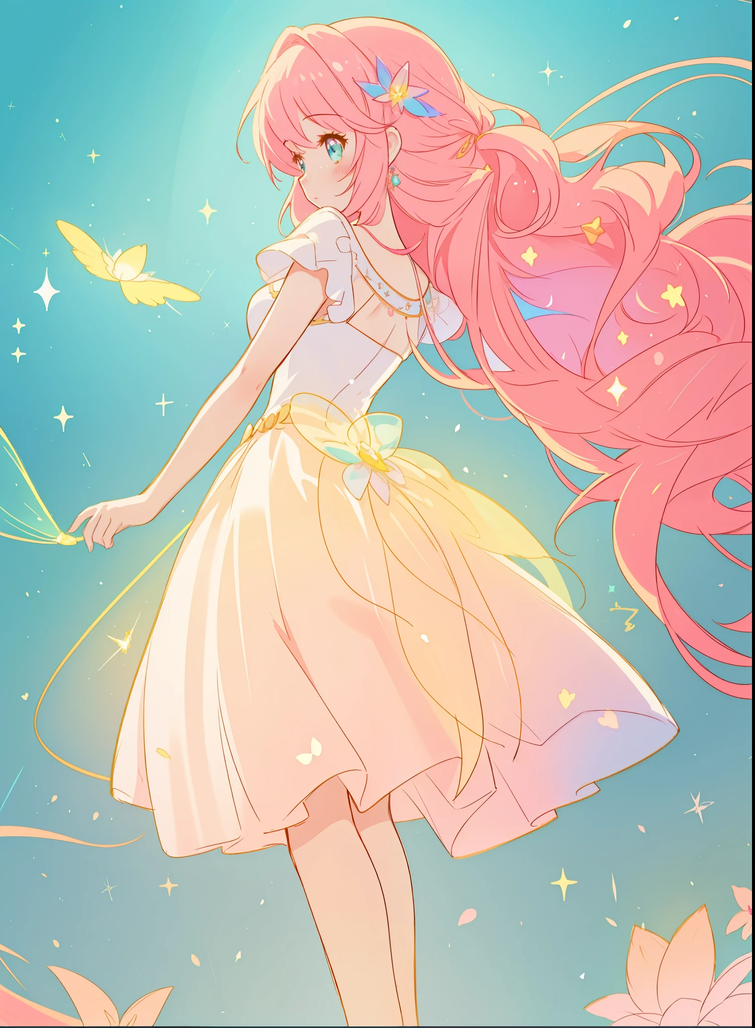 beautiful girl in puffy white tutu dress, vibrant pastel colors, (colorful), magical lights, long flowing pink hair, inspired by Glen Keane, inspired by Lois van Baarle, disney art style, by Lois van Baarle, glowing aura around her, by Glen Keane, jen bartel, glowing lights! digital painting, flowing glowing hair, glowing flowing hair, beautiful digital illustration, fantasia background, whimsical, magical, fantasy, beautiful face, ((masterpiece, best quality)), intricate details, highly detailed, sharp focus, 8k resolution, sparkling detailed eyes, liquid watercolor
