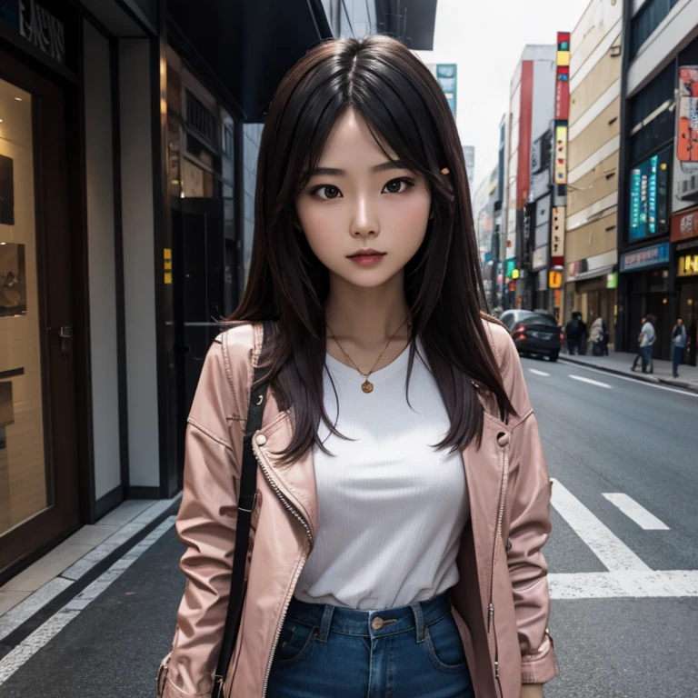 Asian girl in her 20s, waist-length, thick hair, small face, pinkish-white skin, wearing short jeans and a black jacket. Posing with a white sedan Tokyo street
