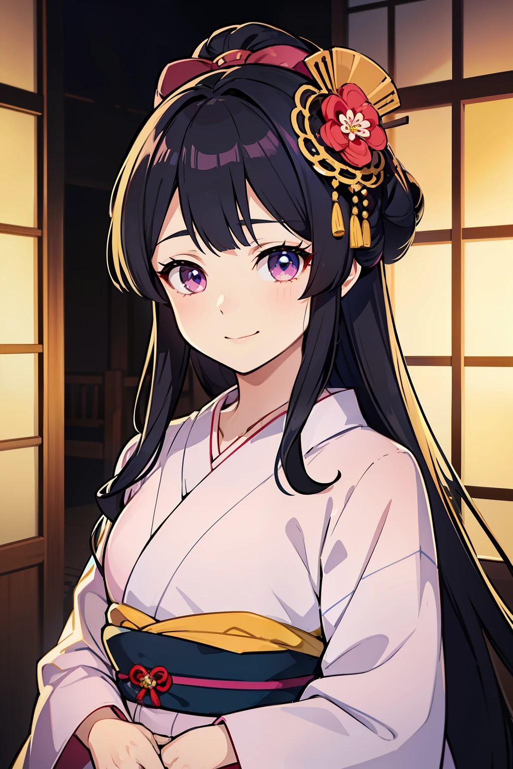 (high-quality, breathtaking),(expressive eyes, perfect face) ((yukata)), 1girl, female, solo, young child , black hair, blue tips, pink coloured eyes, gentle smile, long length hair, loose hair, side bangs, curley hair, japanese clothing, elegant, soft make up, hair pin accessory in hair, oiran, demon slayer art style