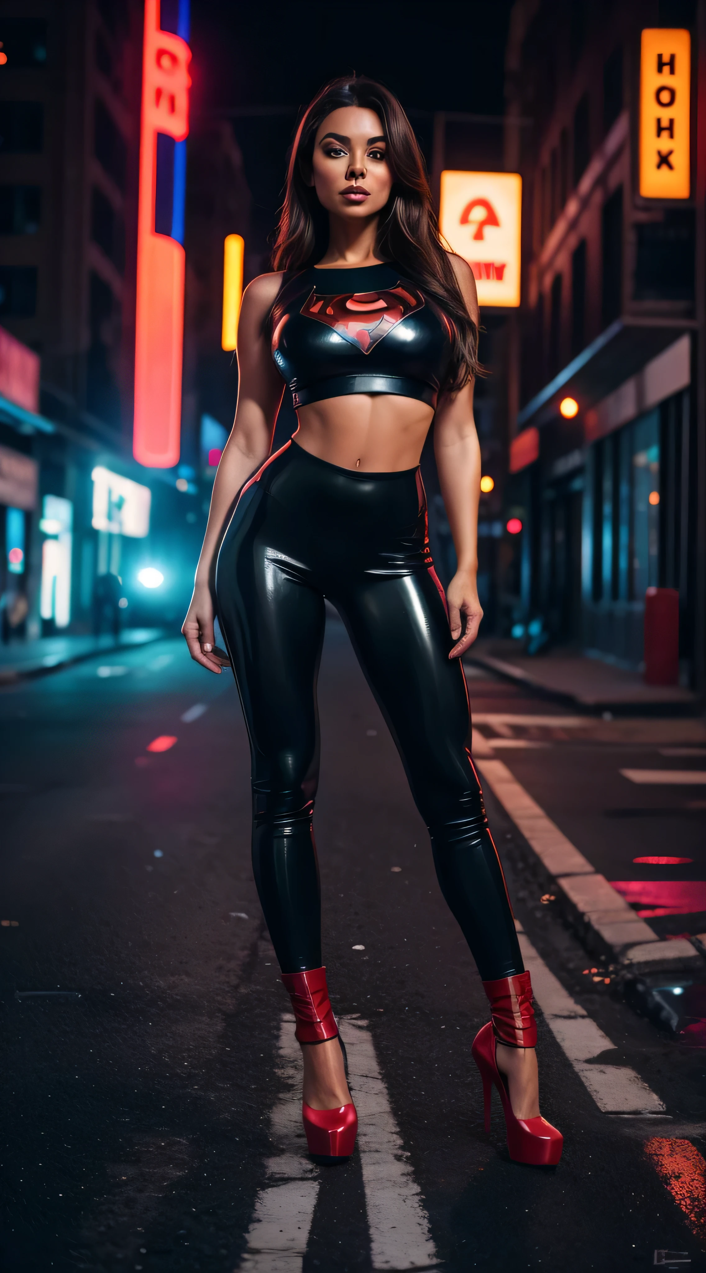full body superheroine standing on a deserted street of a deserted city, burnt out buildings, burnt out cars, full figure, very long brown hair, blue bewitching eyes, full red lips, white skin, body-hugging black latex leggings, red short t-shirt, wearing black stilettos, ultra-realistic skin texture, curves, gaze, high quality, cinematic, photo-realistic, ultra-realistic, highest definition, extremely intricate details, vivid neon colors, sony A7III, 35mm, f/1.4 , iso 100 8k