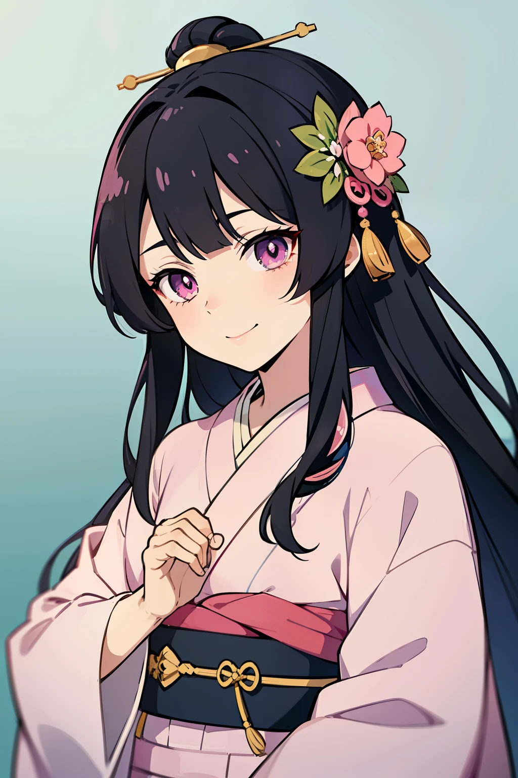(high-quality, breathtaking),(expressive eyes, perfect face) ((yukata)), 1girl, female, solo, young child , black hair, blue tips, pink coloured eyes, gentle smile, long length hair, loose hair, side bangs, curley hair, japanese clothing, elegant, soft make up, hair pin accessory in hair, oiran, demon slayer art style