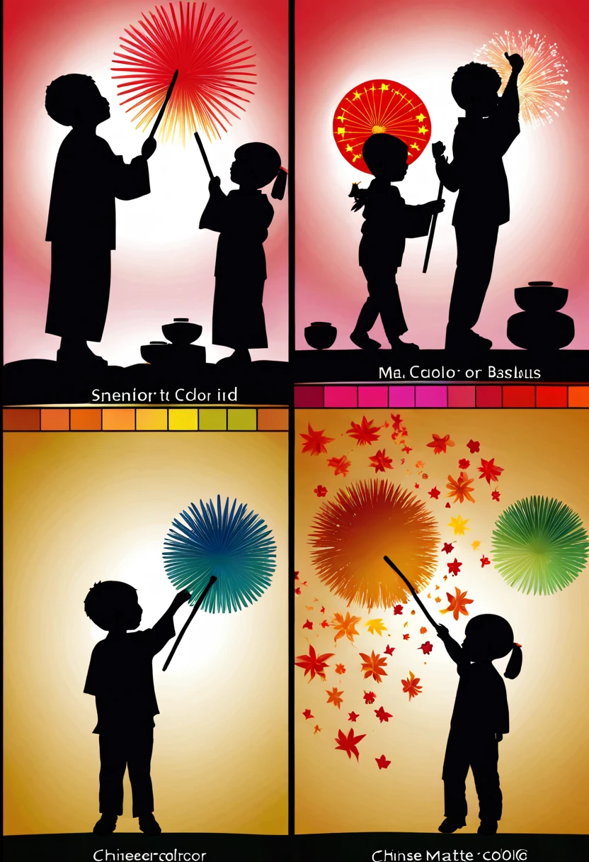 (Silhouette art: 1.8), (China - Chic Chinese New Year New Year&#39;s Day, Anatomically correct, fire works，lanterns，Oriental elements), (5 cute kids holding fairy wands，燃放fire works，Gold ingots in hand, Treasures follow), (Chinese color, senior color matching, gradient backgrounds, white backgrounid: 1.5), (The is very detailed, Well designed, Clear lines, k hd, Best quality at best, tmasterpiece, offcial art, movie light effect, 8K)