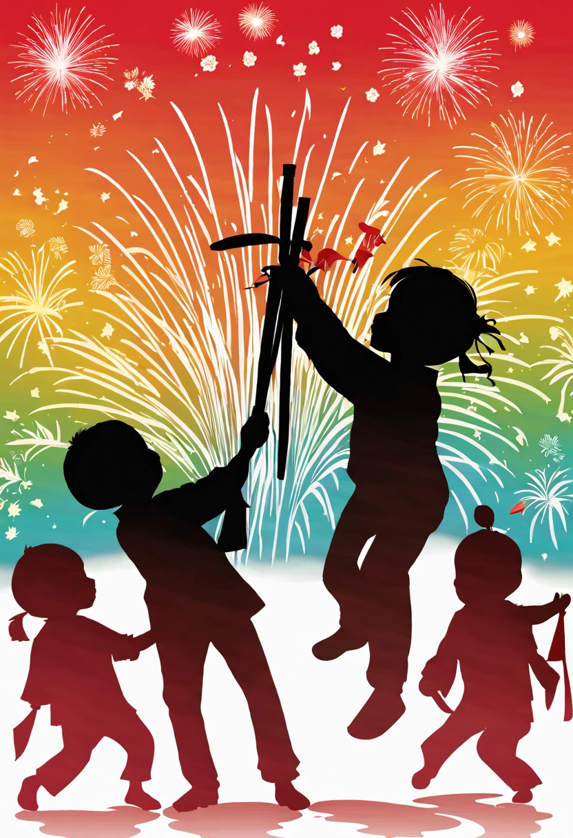 (Silhouette art: 1.8), (China - Chic Chinese New Year New Year&#39;s Day, Anatomically correct, fire works，lanterns，Oriental elements), (5 cute kids holding fairy wands，燃放fire works，Gold ingots in hand, Treasures follow), (Chinese color, senior color matching, gradient backgrounds, white backgrounid: 1.5), (The is very detailed, Well designed, Clear lines, k hd, Best quality at best, tmasterpiece, offcial art, movie light effect, 8K)