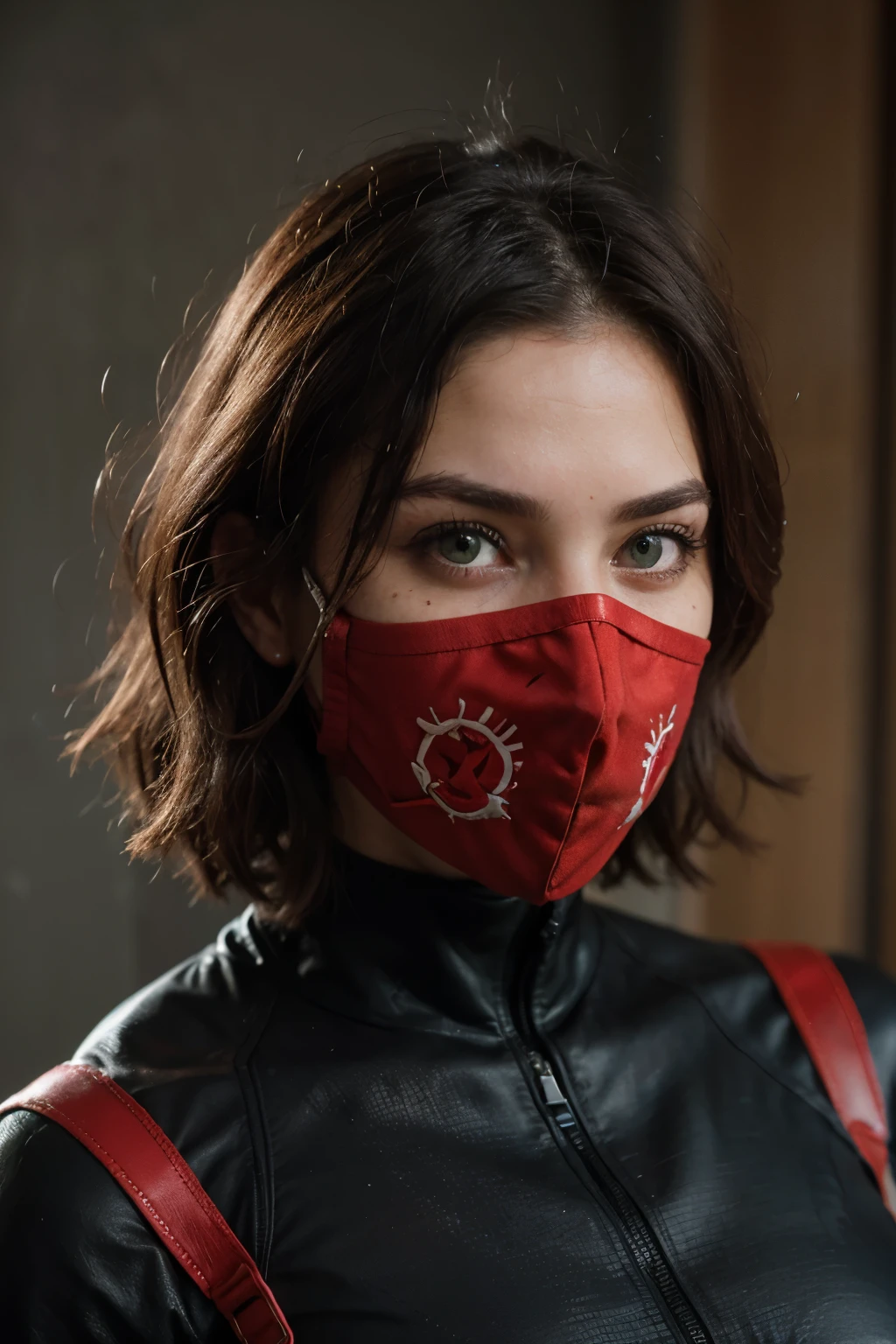 Brunette female with green eyes, wearing a red combat face mask that covers the bottom half of her face, she wear a red and black combat suit, a scar over her right eyebrow, slight freckles on her face, dc comic art style