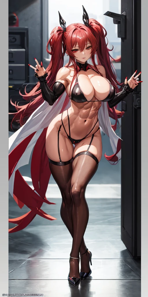 master piece、Top Quality、1 girl in、(Stella Vermillion)、Ligature bracelet、muscular thighs, muscular belly, wide hips, (very thin waist), large breasts, very hard breasts, standing breasts, very hard nipple, ( ((A sexy pose))), wearing red shoes with high heels scene), very hot, well-made hands, red nails, well-made red manicure with lots of details, {{{wearing a well-made bikini, short and very sexy}}}, eye reflection, glowing eyes, (red eyes), lonely, pouting, anime, anime style, cinematic lighting, ray tracing, panorama, Nikon, hard disk, master piece, precise, anatomically correct, skin textured, Super Detail, high quality, best quality, very high resolution, hard disk, 16k