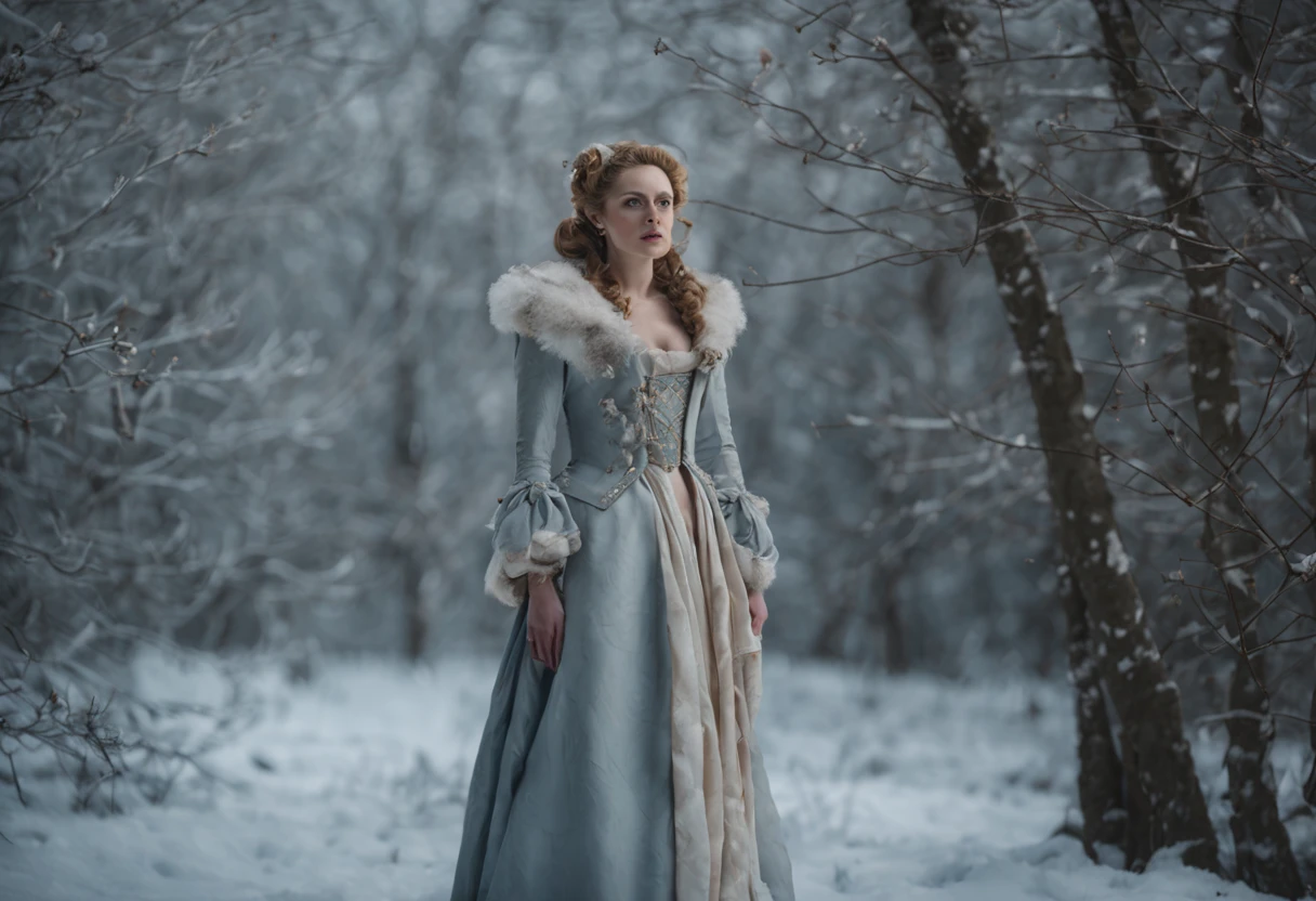 A full shot shot, full body shot of woman in Versalles, in year 1745 in the style of subtle, frozen tones,war paint aesthetic, rude motifs, i can't believe how strong and beautiful this is, snow.