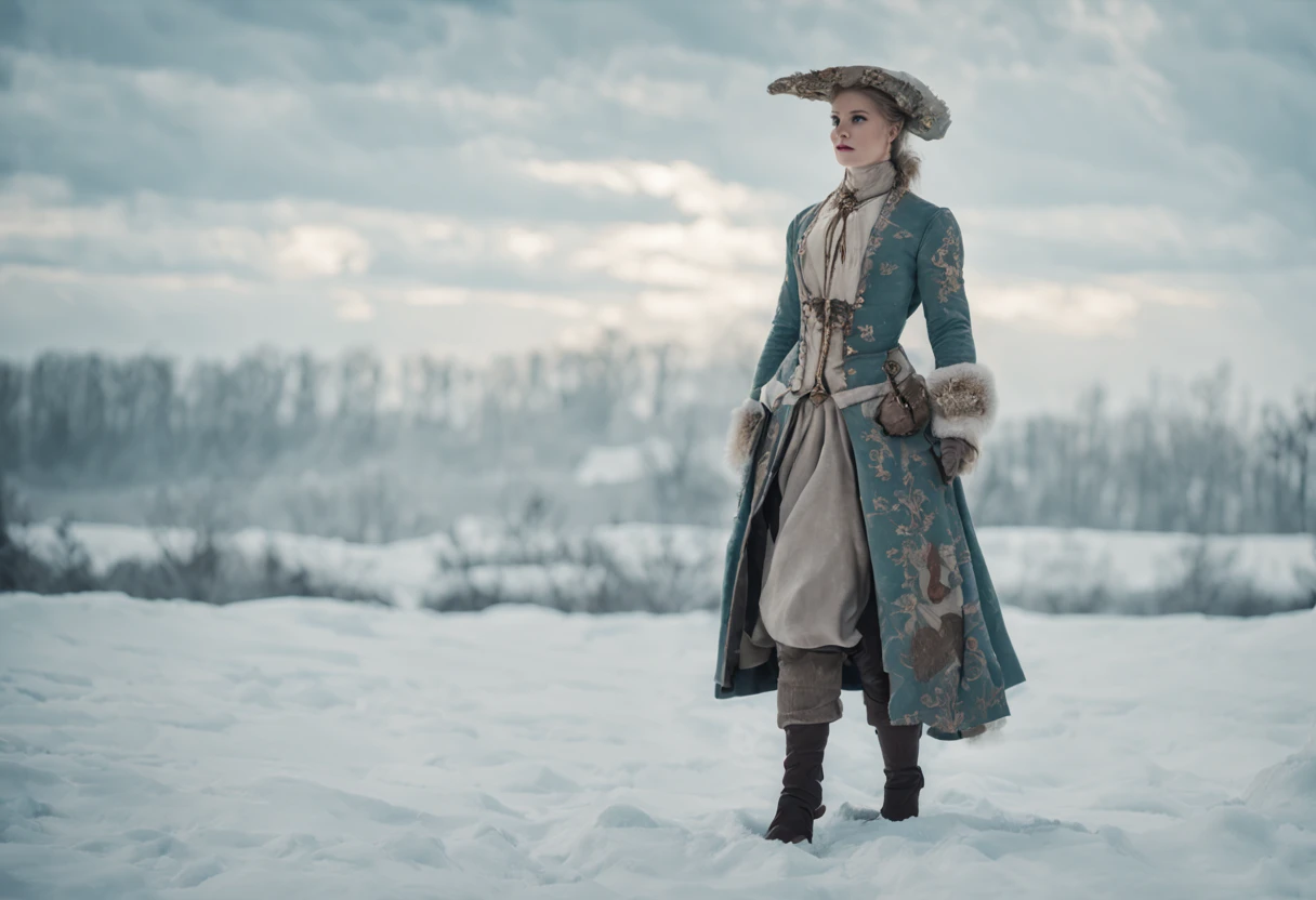 A full shot shot, full body shot of woman in Versalles, in year 1745 in the style of subtle, frozen tones,war paint aesthetic, rude motifs, i can't believe how strong and beautiful this is, snow.
