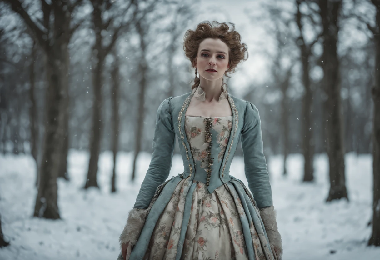 A full shot shot, full body shot of woman in Versalles, in year 1745 in the style of subtle, frozen tones,war paint aesthetic, rude motifs, i can't believe how strong and beautiful this is, snow.