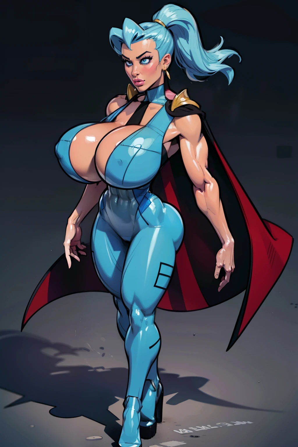 Generate an illustration of a mature Clair, gym leader of pokemon, ponytail, holding a poke all, de terno preto, long hair, hair flows straight down, darkblue hair, (gigantic breasts:1.4), blue outfit in anime format with a serious style, (black cape), blue tights, blue boots, gothic make up, masterpiece, ((dark lighting)), black background, puffy lips,slendered abs, beautiful face,