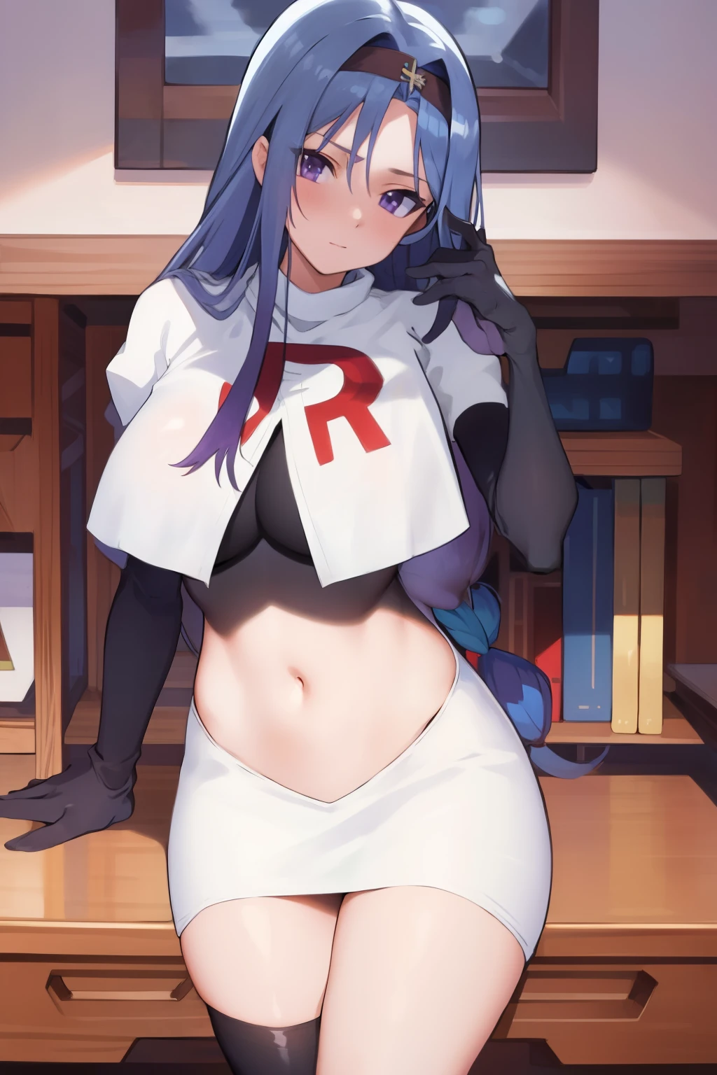 (masterpiece, best quality:1.2),illustration,8k,hd,1girl,solo,long_hair,(portrait:1.2),breasts,large breasts,hair_ornament,blue_hair,purple_eyes,white hairband,purple_eyes,butterfly_hair_ornament, team rocket,team rocket uniform,white skirt,red letter R,crop top,black thigh-highs,black elbow gloves