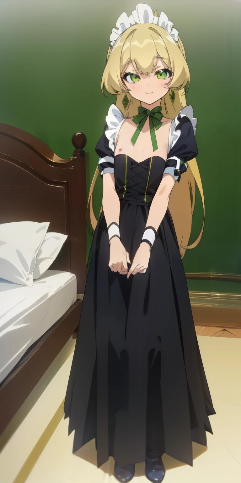 (masterpiece),best quality,ultra-detailed, perfect hands(Delicate finger expression), perfect legs, Delicate eye expression, delicate face expression,1girl (teles(naked body), earrings, jewelry, blonde hair, long hair,green ribbon, green eyes), looking at viewer, closed mouth(wicked smile), Solo, full body, maid (black, miniskirt), maid headdress,skirt lift, in a bedroom, standing , Sexy waist teasing, beautiful women, Cute little girl, waruochi