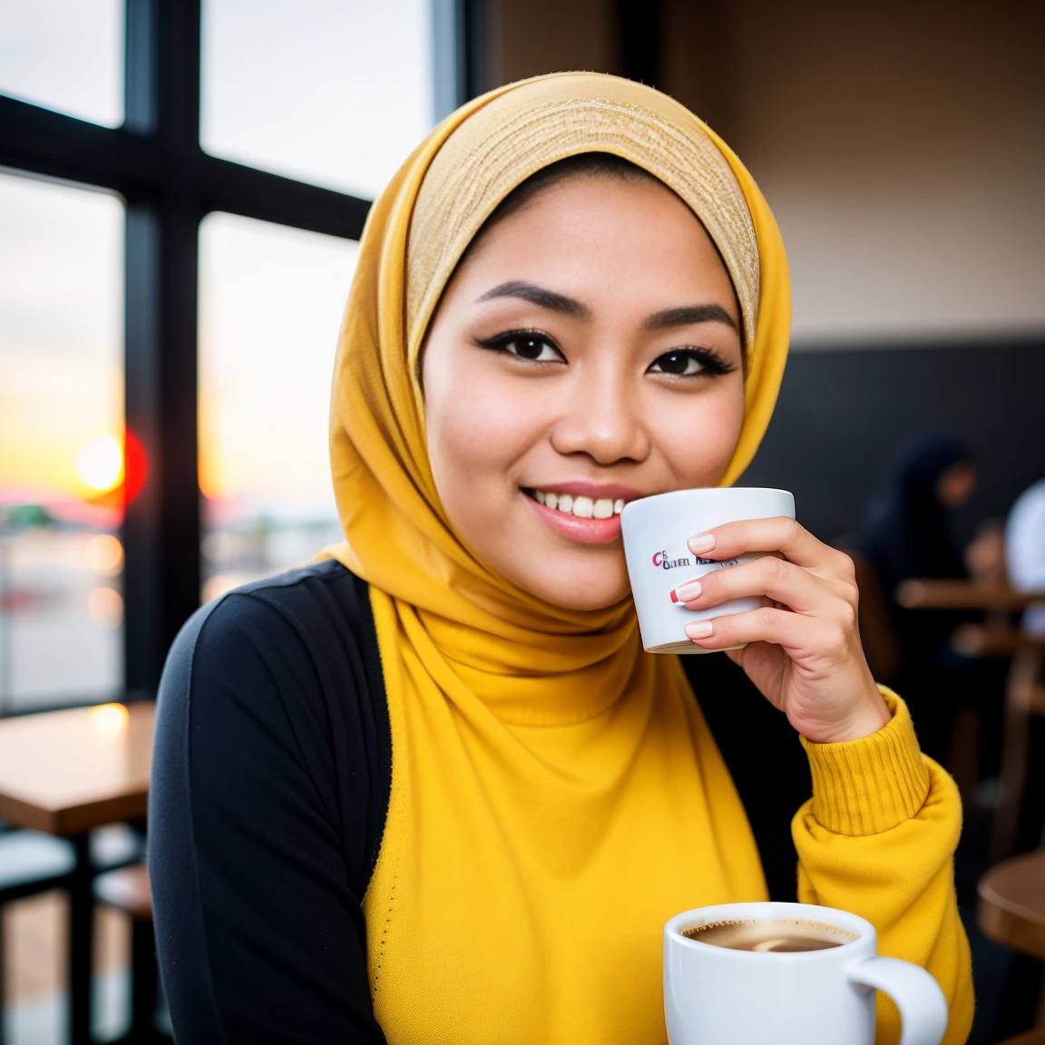 cute Malay lady wearing hijab with yellow sweater (drinking coffee inside a modern cafe at sunset), very detailed, 41 years old, inoccent face, natural wave hair, blue eyes, high-res, masterpiece, best quality,intricate details, highly detailed,sharp focus, detailed skin,realistic skin texture,texture, detailed eyes, professional, 4k, charmer smile, shot on Canon, 85mm,shallow depth of field,kodak vision color, perfect fit body, extremely detailed, photo_\(ultra\), photorealistic, realistic, post-processing, max detail, roughness, real life, ultra realistic, photorealism, photography, 8k uhd, photography