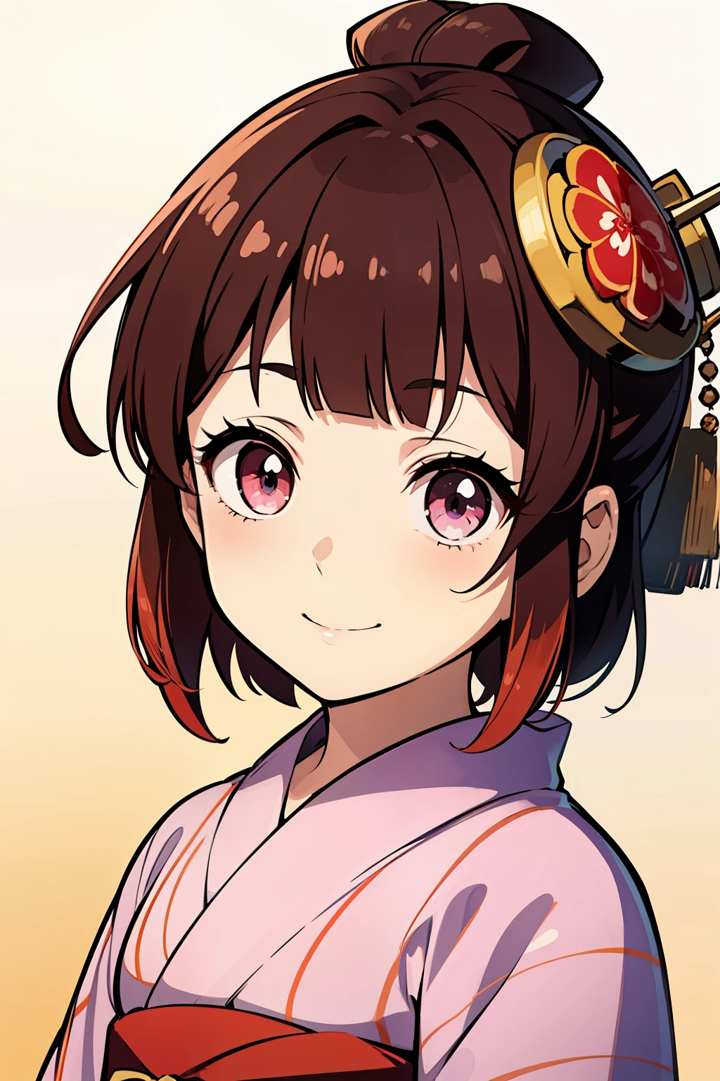 (high-quality, breathtaking),(expressive eyes, perfect face) ((yukata)), 1girl, female, solo, , brown hair, red streaks, pink coloured eyes, gentle smile, short length hair, loose hair, side bangs, curley hair, japanese clothing, elegant, soft make up, hair pin accessory in hair, oiran, demon slayer art style