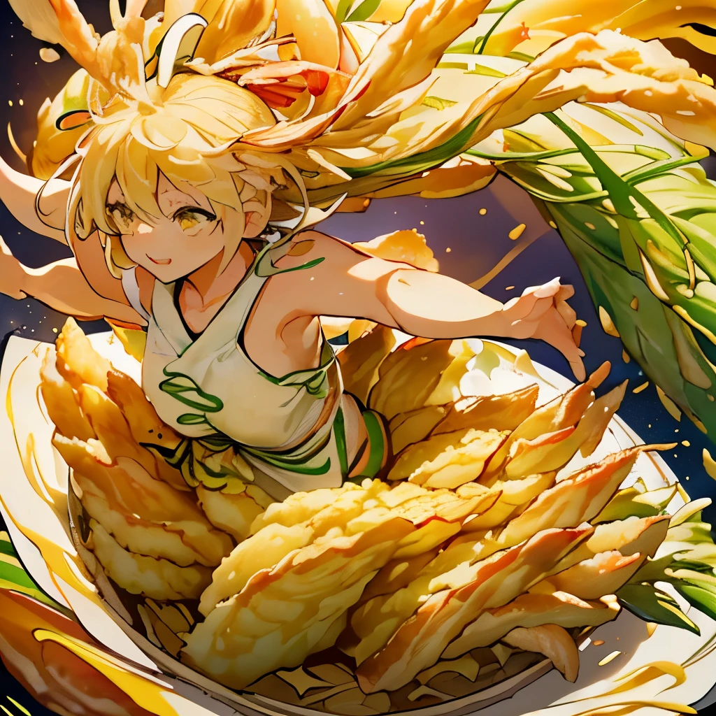 A large asparagus girl who serves large soba noodles flies.、Amazing dynamism、Amazing Angle、Yuzu sandstorm with overwhelming buoyancy、((((surround in a star shape'seafood tempura))))((((A lot of shrimp tempura strips floating and chasing each other..))))