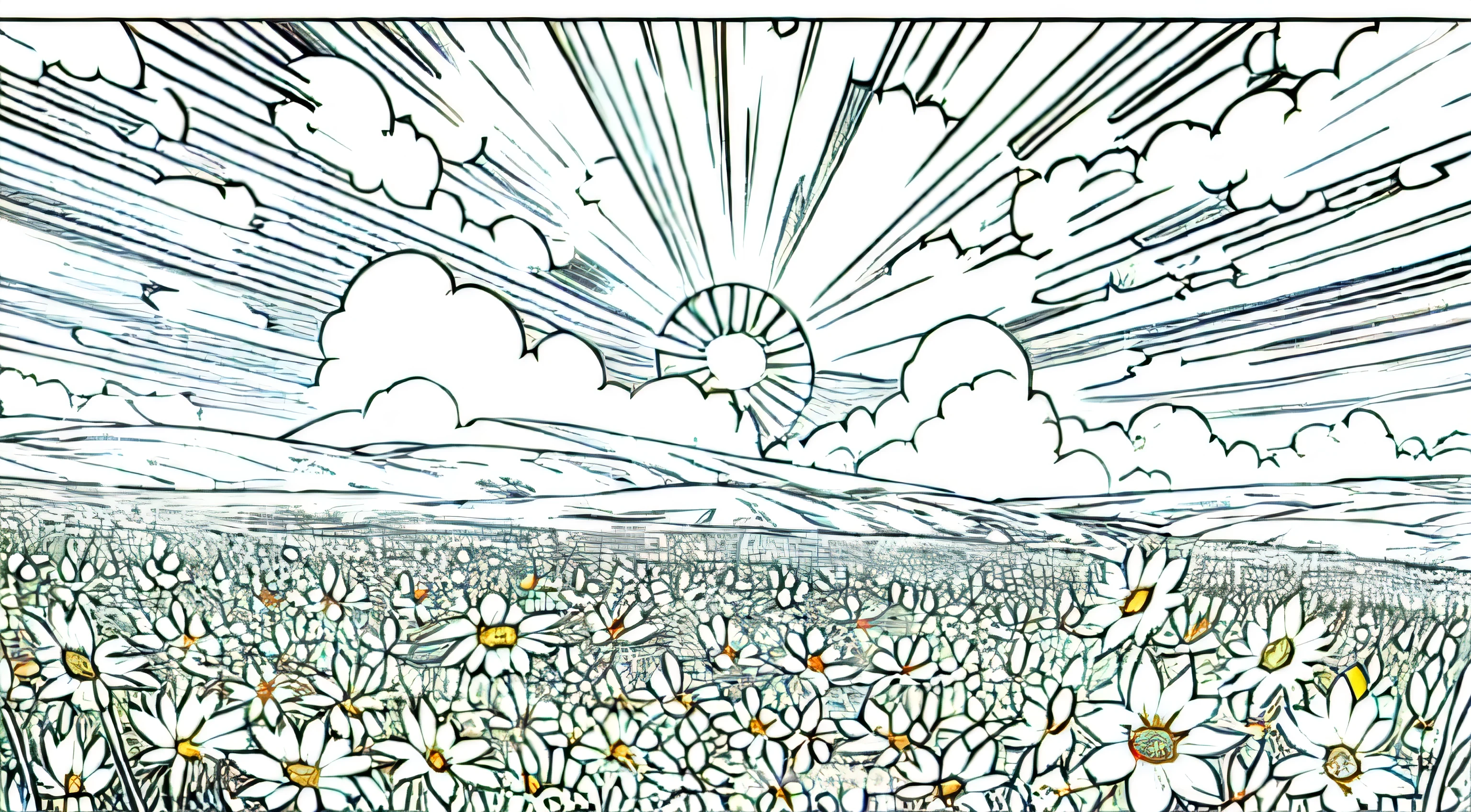 field, (field of flowers), mid shot, clouds, sunrise