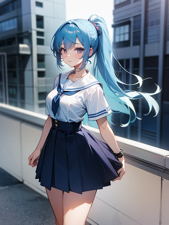 anime girl with light blue hair, Hair in a delicate blue tone, long hair, purple eyes, pony tail hair, sexy high school dress, medium breats, mature factions, very aesthetic detail anime background high school building