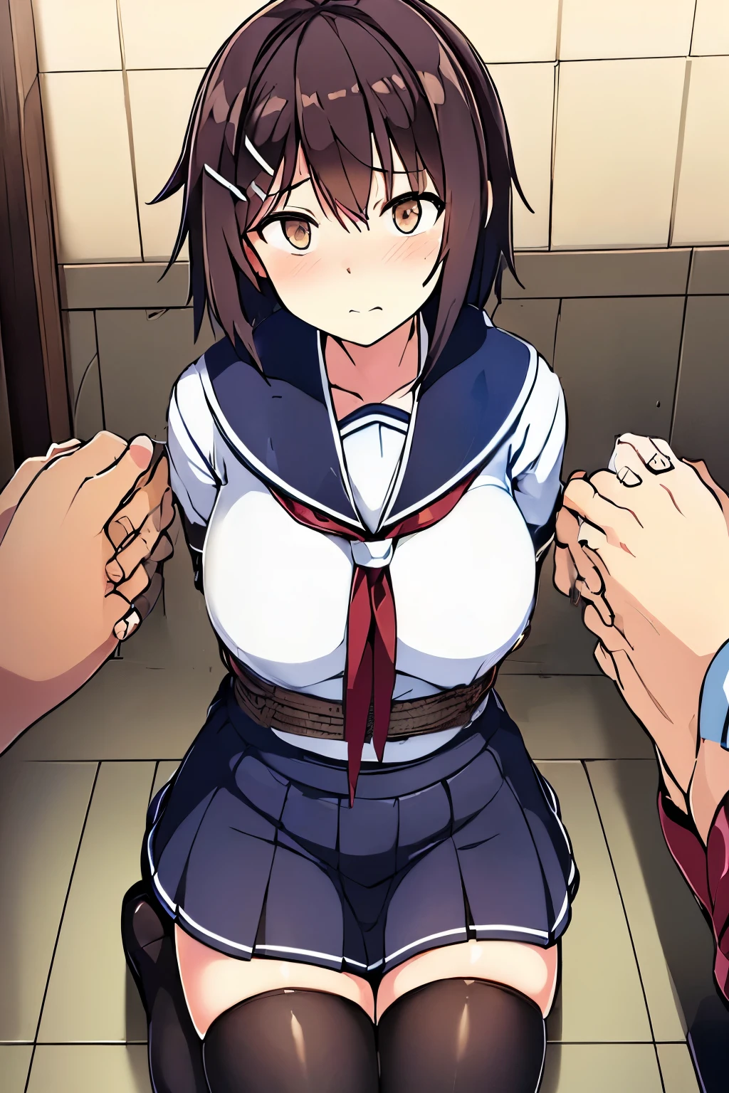 ((((Bondage)))) ((Rope Bondage)), Ultra Detail, ((Shibari)), (((((The rope is wrapped around the body many times))))), brown Rope, blush, red neckerchief