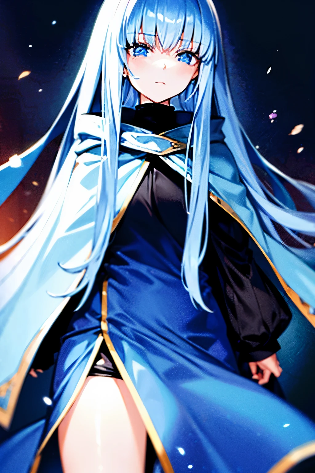 1girl, blue eyes, light blue hair, long hair, cloak, sad, --upanime --ar 2:3