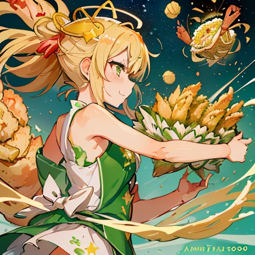 A giant asparagus girl flies to serve large soba noodles.、Amazing dynamism、Amazing Angle、Yuzu sandstorm with overwhelming buoyancy、((((surround in a star shape&#39;seafood tempura))))((((A lot of shrimp tempura strips floating and chasing each other..))))