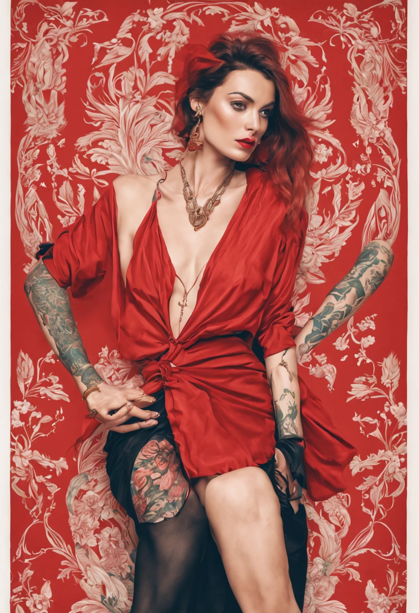 beautiful 30-year-old French woman, she is very attractive, dynamic, elegant, feminine forms. Tattooed. rebellious character. She wears red skirt