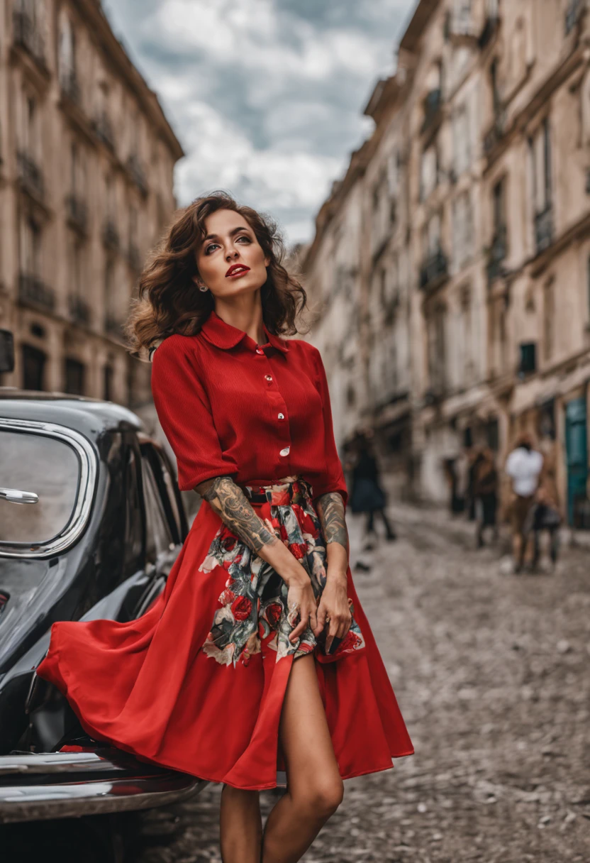 beautiful 30-year-old French woman, she is very attractive, dynamic, elegant, feminine forms. Tattooed. rebellious character. She wears red skirt