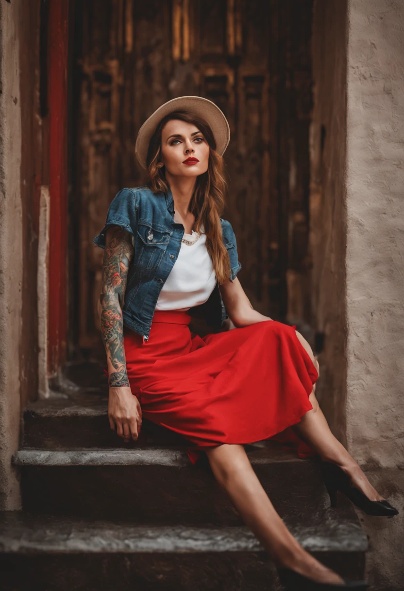 beautiful 30-year-old French woman, she is very attractive, dynamic, elegant, feminine forms. Tattooed. rebellious character. She wears red skirt