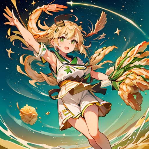 A large asparagus girl who serves large soba noodles flies.、Amazing dynamism、Amazing Angle、Overwhelmingly buoyant kelp sandstorm、((((surround in a star shape'seafood tempura))))((((A lot of shrimp tempura strips floating and chasing each other..))))