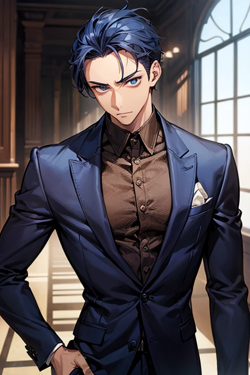 ((((1male people))))、((masutepiece)), ((Best Quality)), (((Brown skin))), ((dark blue eyes)), ((Dark blue hair))、Handsome man , (((very very short hair、Forehead))), masculine、Tall、A sexy、Adult man、Sanpaku eyes、Black suit、handsome man、firmly、broad shoulders、The upper part of the body、细致背景、Allback