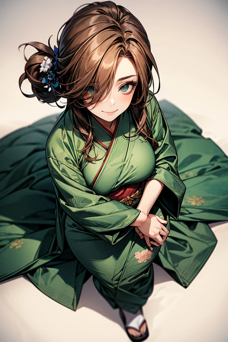 (Masterpiece, best quality), (ultra high resolution, 8K RAW photo, photo realistics:1.5, textile shading, softy tones, thin outline), araffe matured woman in a kimono, sitting on a bed with hugging a teddy bear, (wearing dark green silk robes), (dark green hanfu:1.2), (wearing japanese kimono:1.2, traditional japanese, japanese clothes), (classy yukata clothing, flowers printing in clothes), wearing a haori, (matured woman, milf:1.5, 28 years old, solo), (large breast, sagging breast, big tits, narrow waist, big ass, curvy bodies), (medium hair, hair over one eye, asymmetric hair, half updo hair), (bright pupils, detailed eyes, high detailed face), eye rush, (smileing, shamed), (looking down:1.3), (dynamic angle, from above), (correct anatomy:1.5, correct hands), (ideal ratio of body proportions),