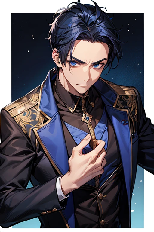 ((((1male people))))、((masutepiece)), ((Best Quality)), (((Brown skin))), ((dark blue eyes)), ((Dark blue hair))、Handsome man , (((very very short hair、Forehead))), masculine、Tall、A sexy、Adult man、Sanpaku eyes、Black suit、handsome man、firmly、broad shoulders、The upper part of the body、细致背景、Allback、great laughter