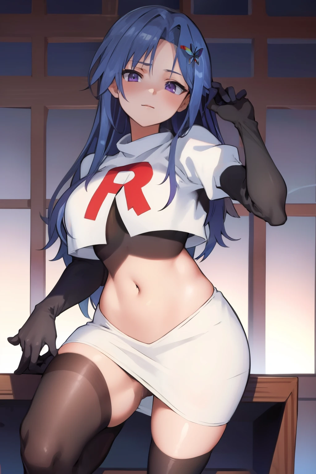 (masterpiece, best quality:1.2),illustration,8k,hd,1girl,solo,long_hair,(portrait:1.2),breasts,large breasts,hair_ornament,blue_hair,purple_eyes,hairband,purple_eyes,butterfly_hair_ornament, team rocket,team rocket uniform,white skirt,red letter R,crop top,black thigh-highs,black elbow gloves