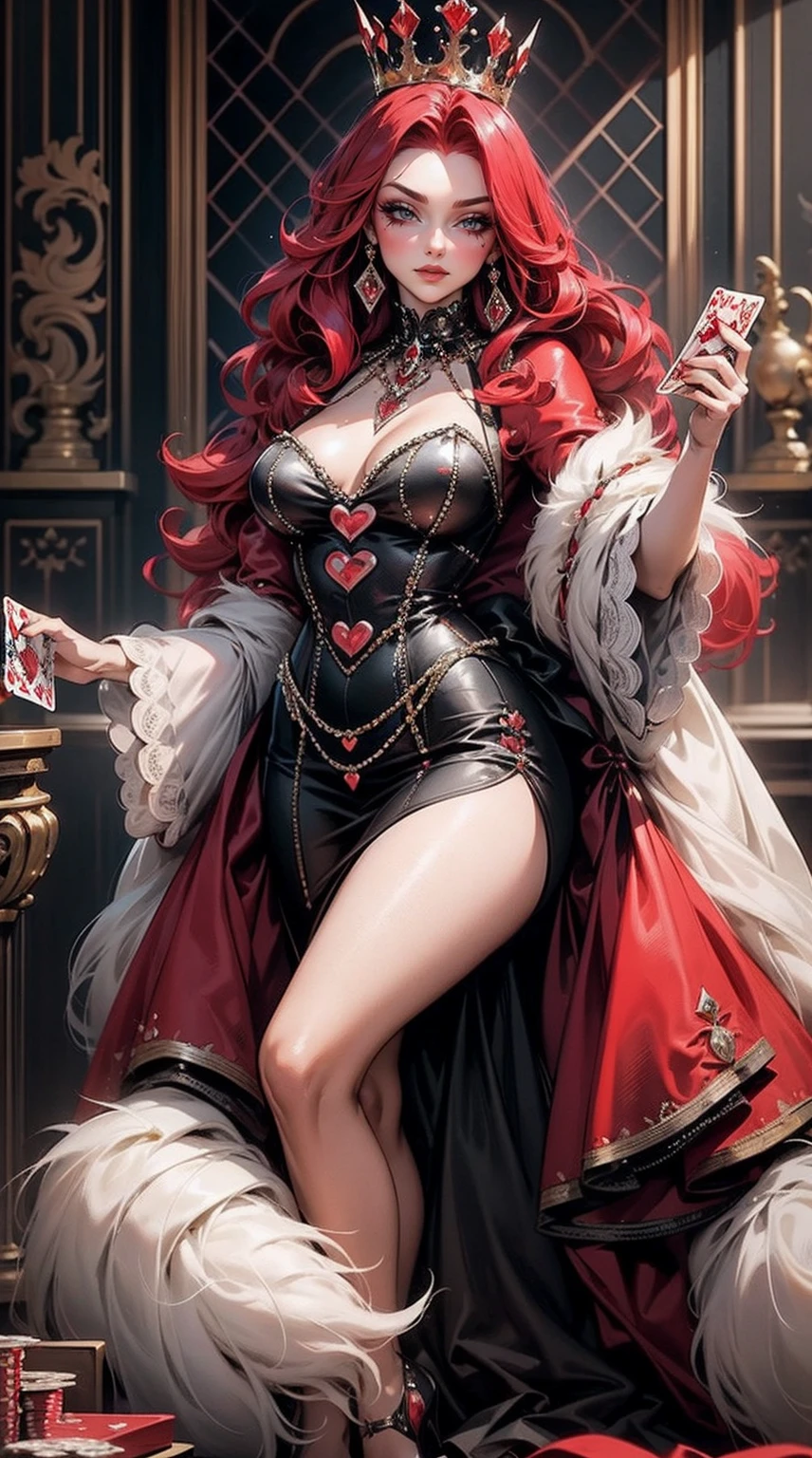 Em um luxuoso cassino, A stunning woman wears an exquisite dress adorned with heart symbols, embodying the royal presence of the Queen of Hearts. Surrounded by a backdrop of poker cards and chips, She exudes confidence and seduction, convidando os jogadores a testar sua sorte e habilidades no jogo de azar. com cabelos curtos, enrolados, cabelos vermelhos (queen of hearts)