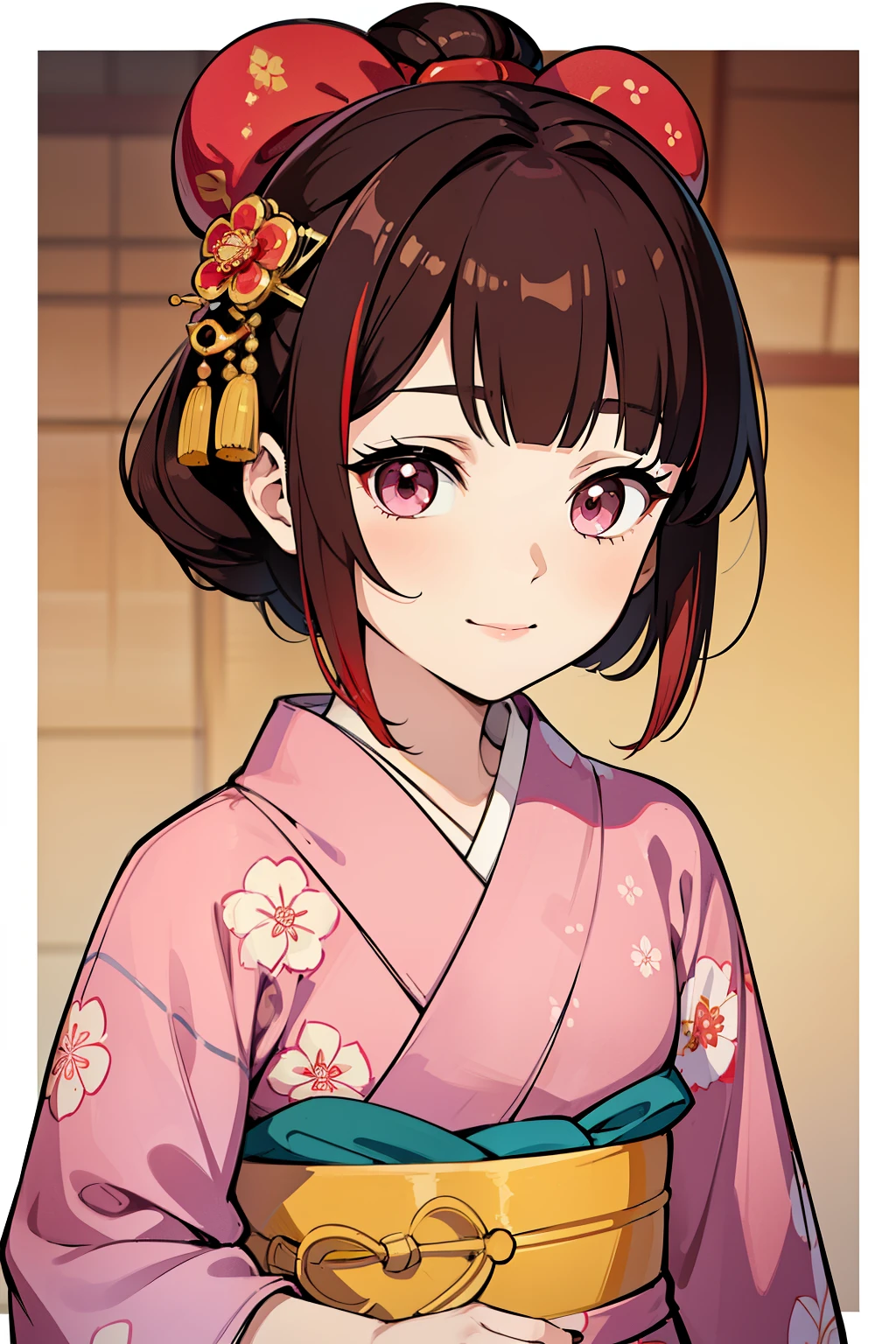 (high-quality, breathtaking),(expressive eyes, perfect face) ((yukata)), 1girl, female, solo, , brown hair, red streaks, pink coloured eyes, gentle smile, short length hair, loose hair, side bangs, curley hair, japanese clothing, elegant, soft make up, hair pin accessory in hair, oiran, demon slayer art style