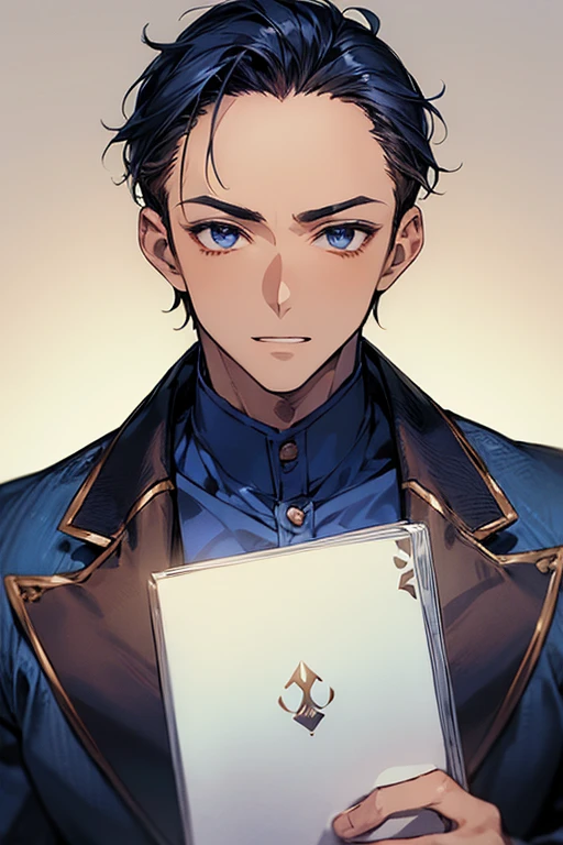 ((((1male people))))、((masutepiece)), ((Best Quality)), (((Brown skin))), ((dark blue eyes)), ((Dark blue hair))、Handsome man , (((very very short hair、Forehead))), masculine、Tall、A sexy、Adult man、Sanpaku eyes、Black suit、handsome man、firmly、broad shoulders、The upper part of the body、细致背景、Allback、great laughter、Focus on the face、Ikeoji