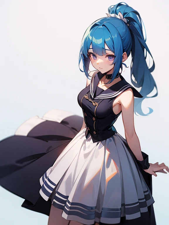 anime girl with light blue hair, Hair in a delicate blue tone, long hair, purple eyes, pony tail hair, sexy high school dress, medium breats, mature factions, very aesthetic detail anime background high school building