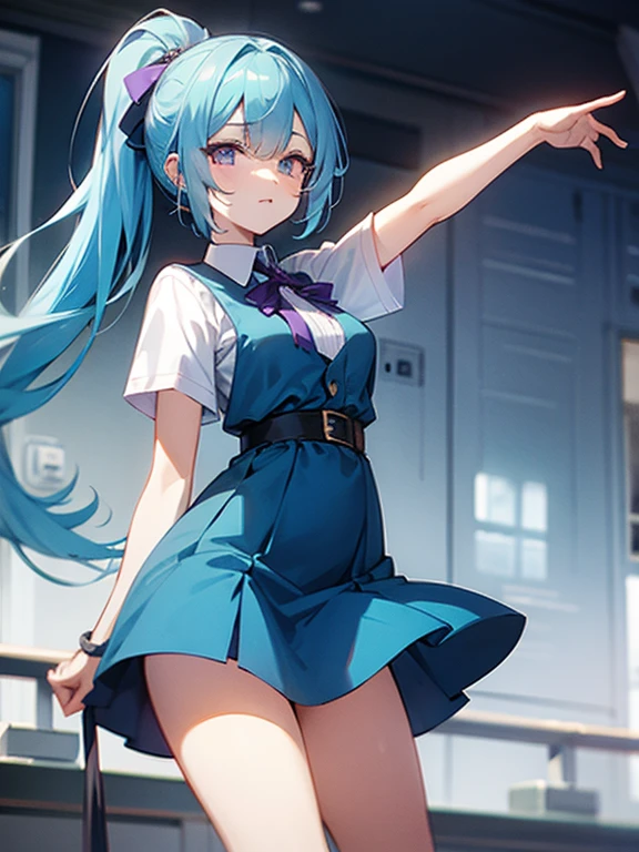 anime girl with light blue hair, Hair in a delicate blue tone, long hair, purple eyes, pony tail hair, sexy high school dress, medium breats, mature factions, very aesthetic detail anime background high school building