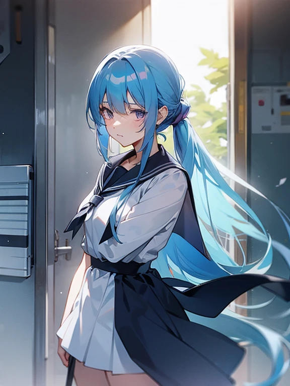 anime girl with light blue hair, Hair in a delicate blue tone, long hair, purple eyes, pony tail hair, sexy high school dress, medium breats, mature factions, very aesthetic detail anime background high school building