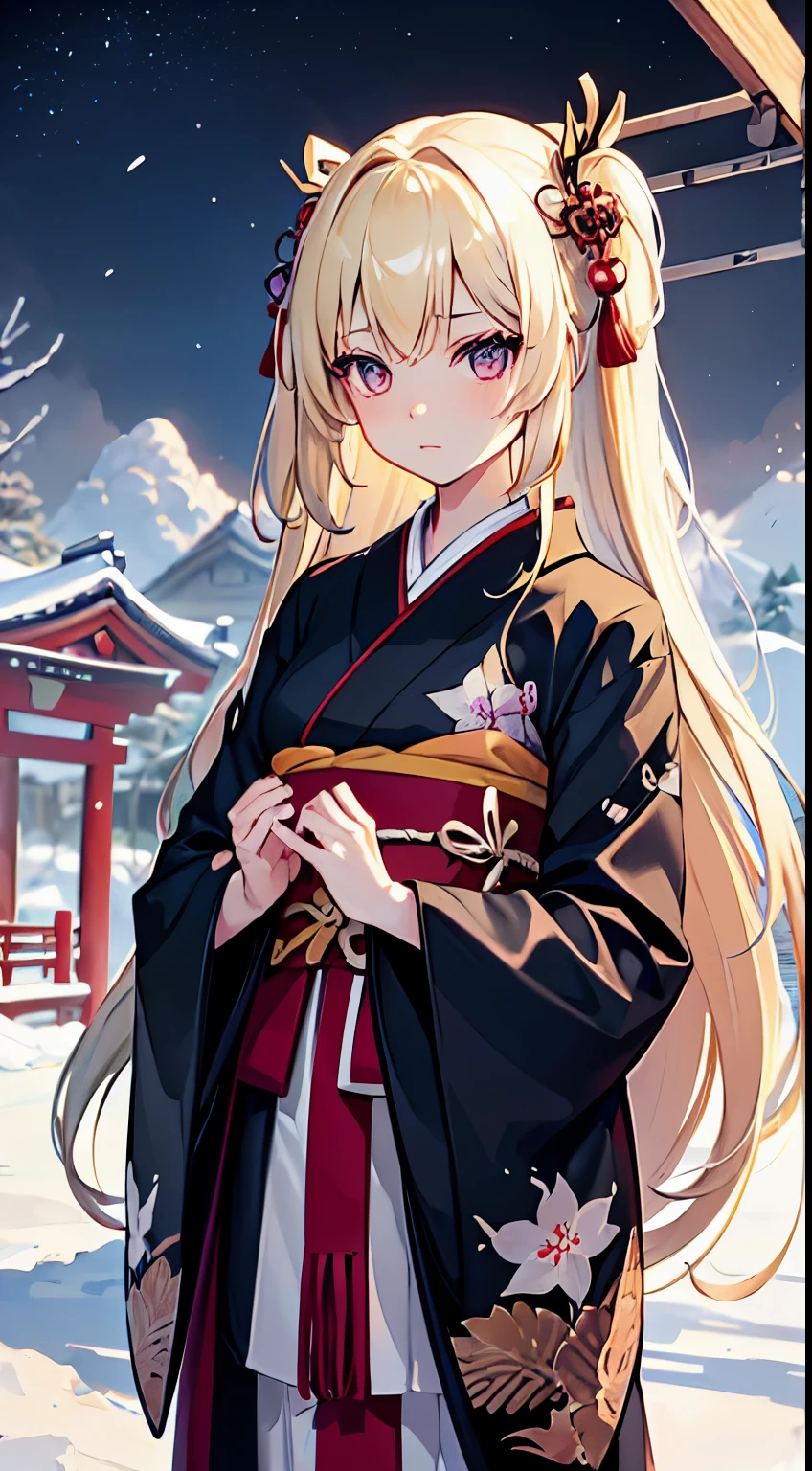 ((Best Quality)), (ultra-detailliert), ((Extremely detailed)), (Beautiful), ((Kawaii Girl)), ((UHD)), (masterpiece), (high quality), (best quality), (4K), (high quality), 1, solo girl, 1girl, ((platinum blond hair)), parted bangs, ((hair intakes)), long hair, (hair two side up long), ((jade colored eyes)), slanted eyes, medium breasts, slender body, Furisode, long sleeved kimono, winter shinto shrine, anime