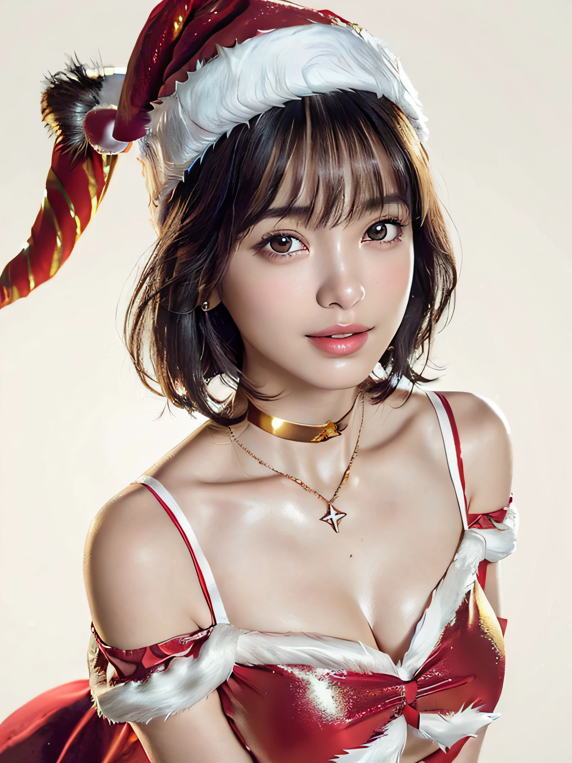 (Close-up: 1.4), (((Look up at the camera from above, look up with only eyes, look up at the camera)) (RAW Photo: 1.2), (Photorealistic: 1.4), (Masterpiece: 1.3), (Best Quality: 1.4), Dreamy, (Detailed Eyes), (Detailed Facial Features), ((Detailed Clothes), (Close-up: 1.4), (Staring at the camera from above, Looking up at the camera, Look up with just eyes, look up at the camera)) (RAW Photos: 1.2), (Photorealistic: 1.4), (Masterpieces: 1.3), (Best Quality: 1.4), Dreamy, (Detailed Eyes), (Detailed Facial Features), (Detailed Clothing Features), Skin Tightness, (Slightly Shiny Skin), (Slender Girls), (Slim Girls), One Girl, (Full Body), (Solo), Cute, ( chest), bangs, bangs, straight hair, shiny beautiful black hair, pale black eyes, crystal pendant, (best quality, 8k, 32k, masterpiece, UHD: 1.2), pictures of women with cute Japan, Solo, girl 1, (big breasts), (tall woman), (abs), (lips), mouth closed, firm double eyelids, wet skin, Only one very beautiful woman, very beautiful, gaze looking directly at the camera, golden ratio face, golden ratio body, perfect body, perfect face, perfect breasts, big looking directly at the camera, chest close, very beautiful breast, coquettish smile, very happy smile, big eyes, eye highlights, lip gloss, clear double eyelids, eyelashes, long neck, beautiful short hair, shiny dark black hair, bangs, thick bangs, slightly shiny skin, chest moles, Teardrop moles, pretty bangs, clean collarbones, clean snow-white background, sky background, crystal clear overwhelming charm, attractive natural light, 19 years old, choker, skin tightening, (slender girl), (slim girl), one girl, (full body), (solo), cute, (chest), bangs, bangs, straight hair, shiny beautiful black hair, pale black eyes, crystal pendant, ( Top Quality, 8k, 32k, Masterpiece, UHD: 1.2), Cute Japan Woman Pictures, Solo, One Girl, (Big Eyes), (Tall Women), Cute Pose, ((((Sleeveless, Off Shoulder, Santa Claus Costume, Santa Claus Hat, Anyway Cute Charming Woman)))