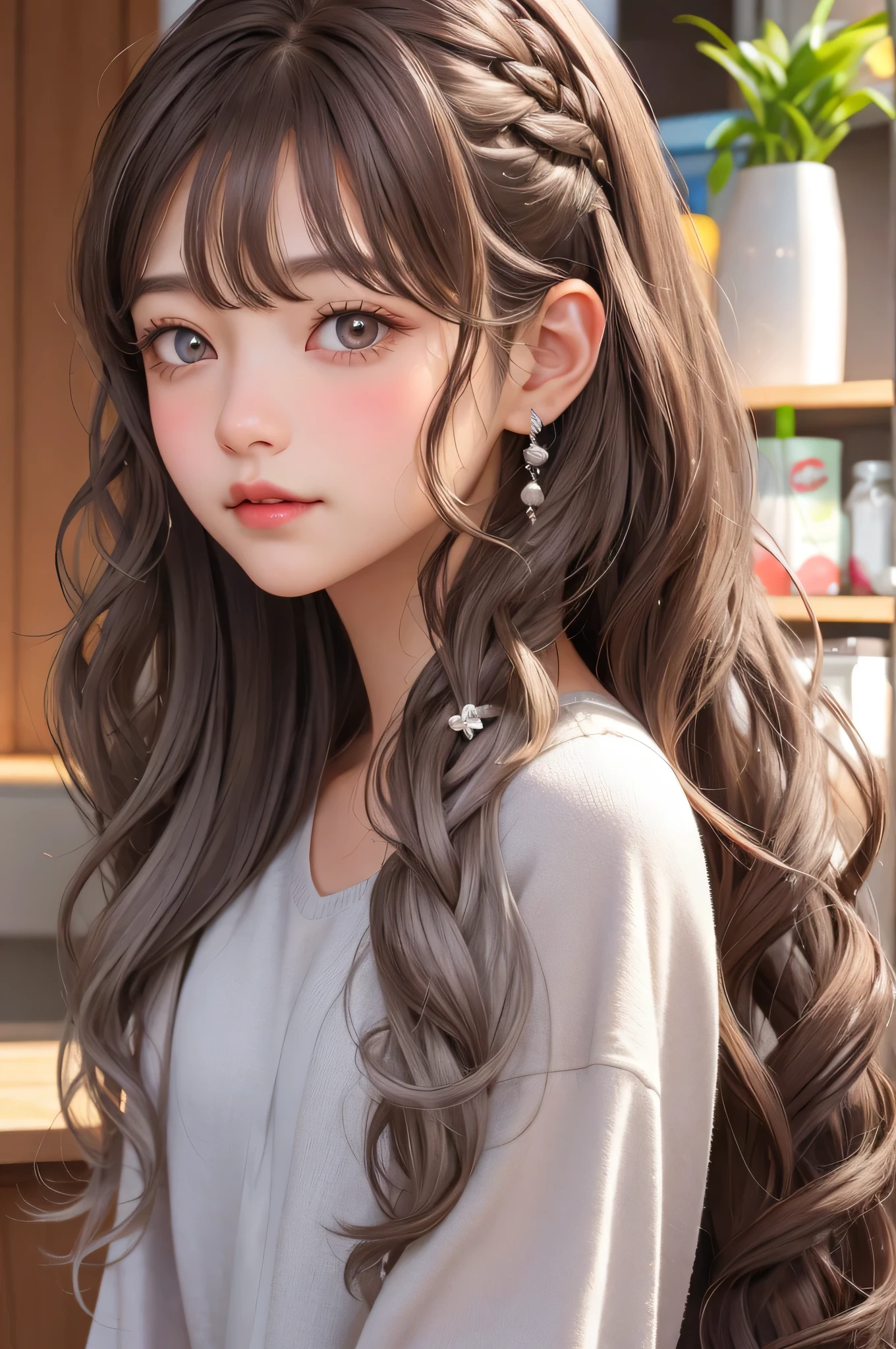 (dark brown eyes;1.2),smooth long curly hair、Silvery hair