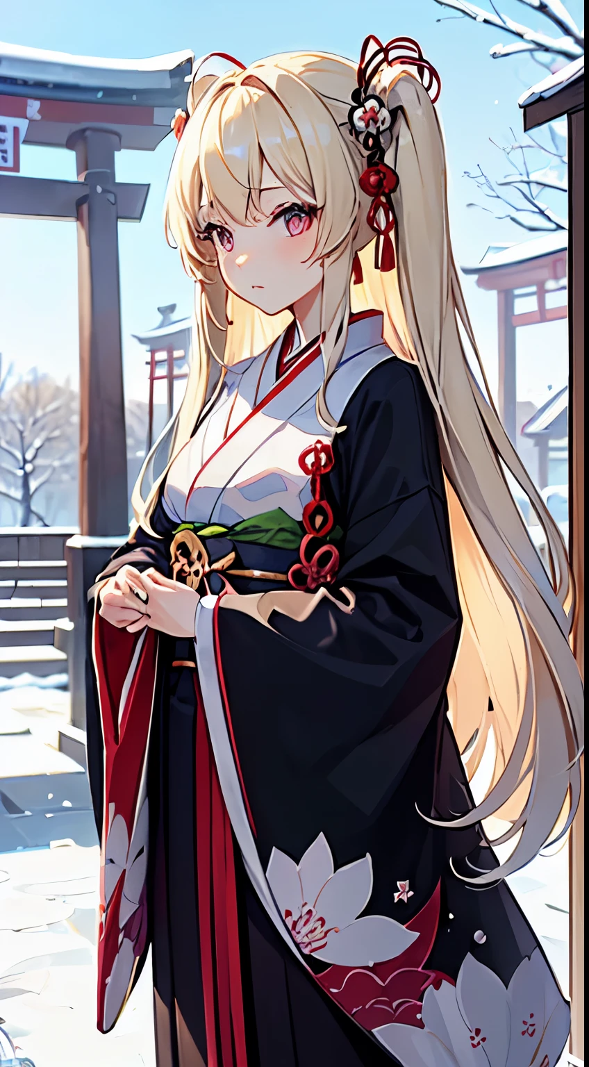 ((Best Quality)), (ultra-detailliert), ((Extremely detailed)), (Beautiful), ((Kawaii Girl)), ((UHD)), (masterpiece), (high quality), (best quality), (4K), (high quality), 1, solo girl, 1girl, ((platinum blond hair)), parted bangs, ((hair intakes)), long hair, (hair two side up long), ((jade colored eyes)), slanted eyes, medium breasts, slender body, Furisode, long sleeved kimono, winter shinto shrine, anime