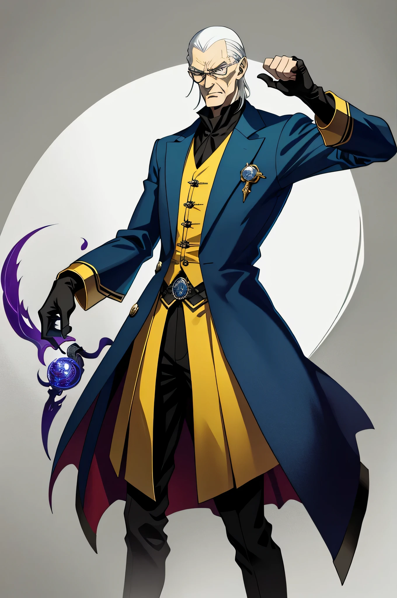 senhor de 67 anos, alquimista, Intimidante, nobreza, arte estilo anime, illustration, Personagem 2D, fino, delgado