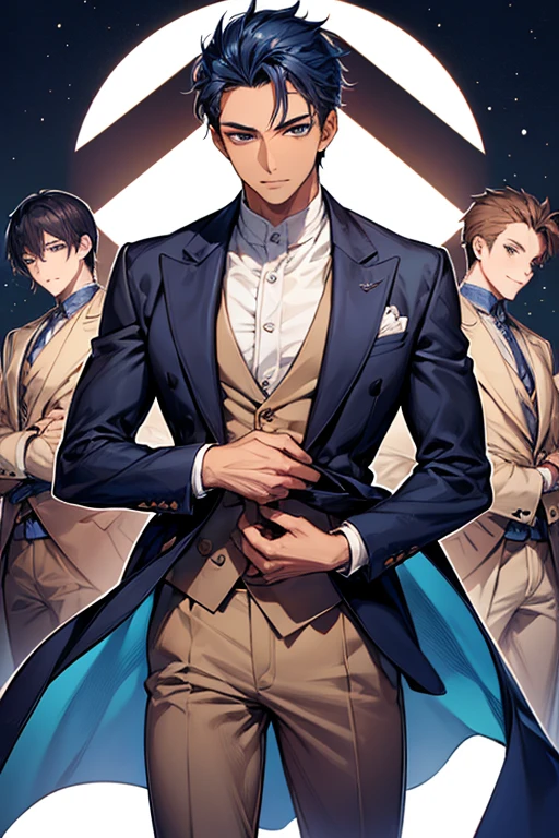 ((((1male people))))、((masutepiece)), ((Best Quality)), (((Brown skin))), ((dark blue eyes)), ((Dark blue hair))、Handsome man , (((very very short hair、Forehead))), masculine、Tall、A sexy、Adult man、Sanpaku eyes、Black suit、handsome man、firmly、broad shoulders、The upper part of the body、细致背景、Allback、great laughter、Focus on the face、dandy