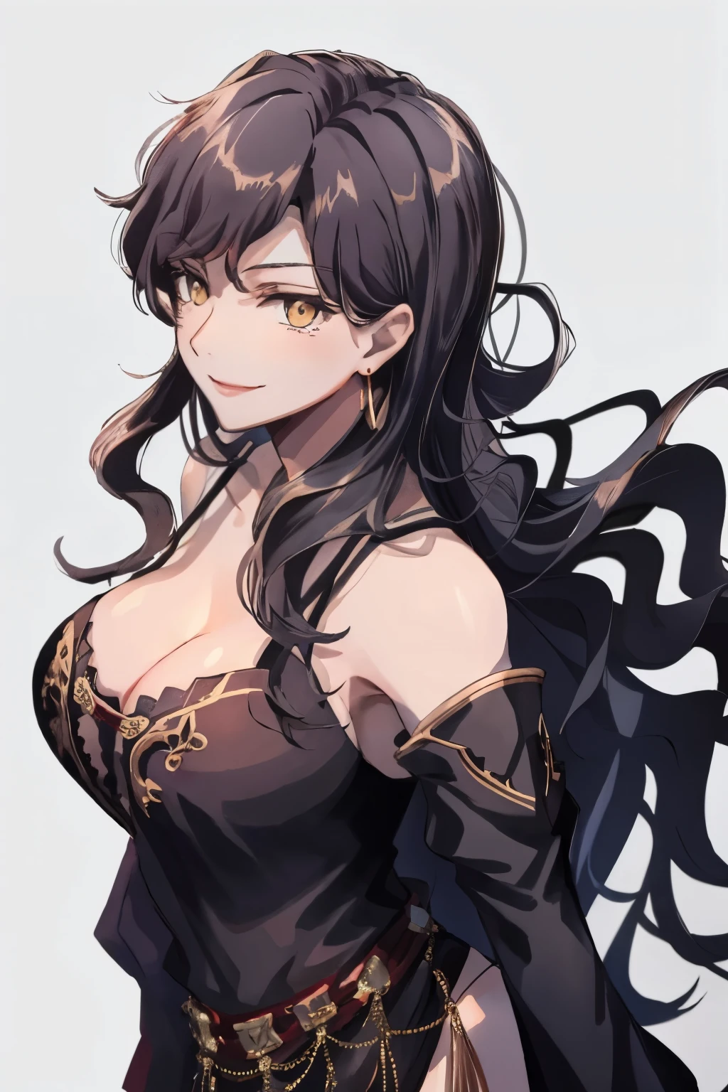 sonia fe, 1girl, solo, long hair, looking at viewer, smile, large breastackground, dress, cleavage, bare shoulders, jewelry, upper body, earrings, detached sleeves, grey background, black dress