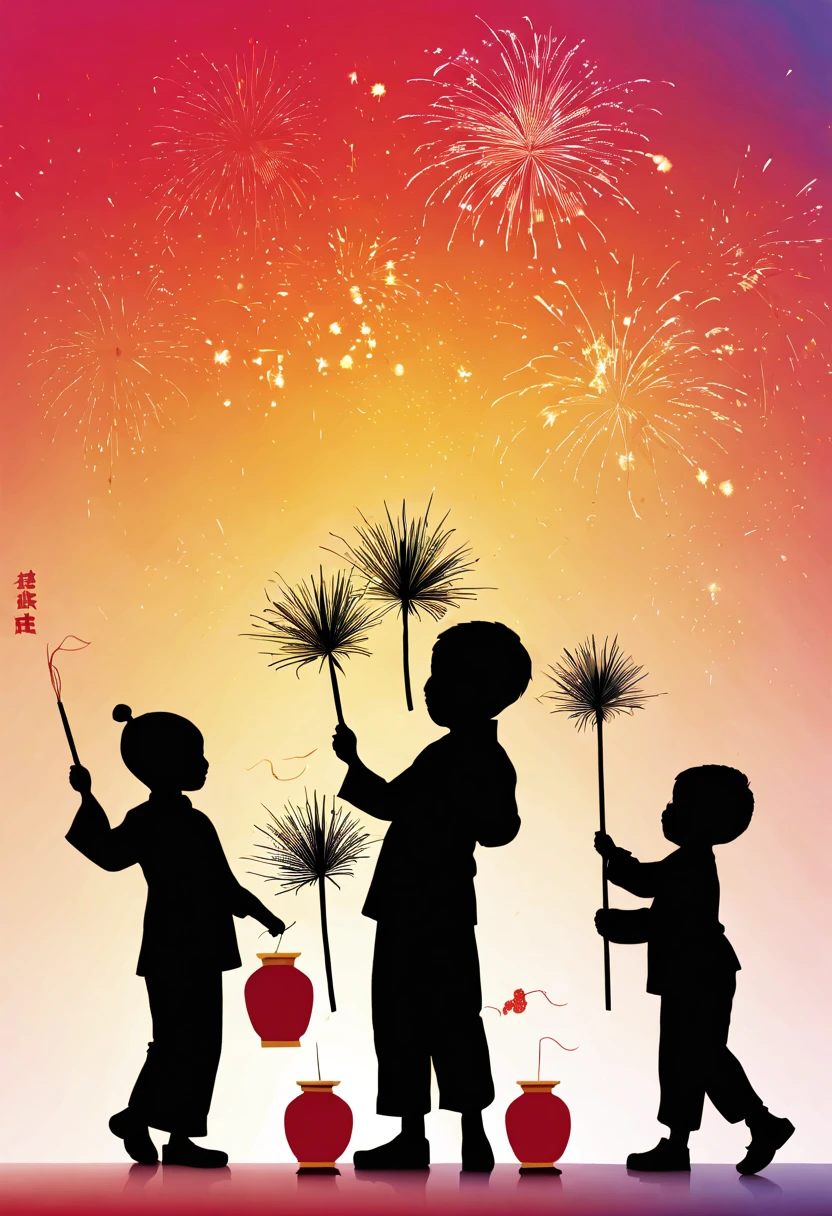 (Silhouette art: 1.8), (China - Chic Chinese New Year New Year&#39;s Day, Anatomically correct, fire works，lanterns，Oriental elements), (5 cute kids holding fairy wands，燃放fire works，Gold ingots in hand, Treasures follow), (Chinese color, senior color matching, gradient backgrounds, white backgrounid: 1.5), (The is very detailed, Well designed, Clear lines, k hd, Best quality at best, tmasterpiece, offcial art, movie light effect, 8K)