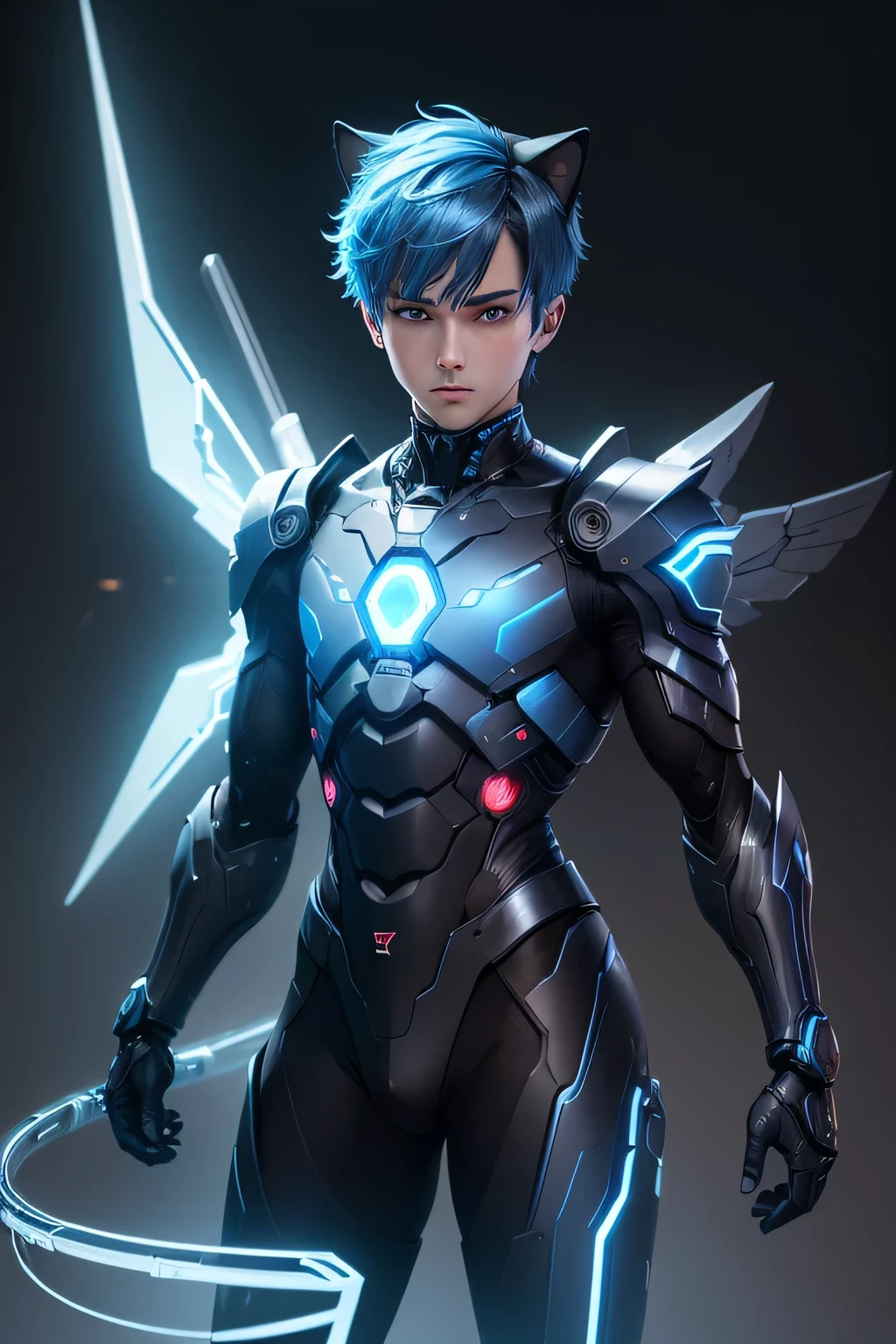 Masterpiece, best_quality, super_detailed, illustration, cinematic_lighting, sharp_focus, ((1boy)), ((short_hair)), ((blue_cat_ears)), ((blue_hair)) blue_eyes, expressive_eyes, high_detailed_eyes, perfect_face, beautiful_detail_face, full_body ultra_high_quality_model, ((Full-body cybernetic boy)), ((both hands also have the led light)), ((cyber_sword)), ((Large_wings_made_of_metal)), blue_neon_light