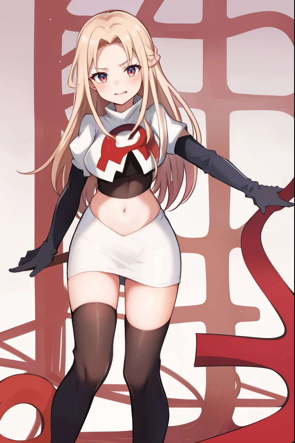 absurdres,masterpiece, best quality, highres, high quality, 1girl, super long hair,team rocket,team rocket uniform,white skirt,red letter R,crop top,black thigh-highs,black elbow gloves,