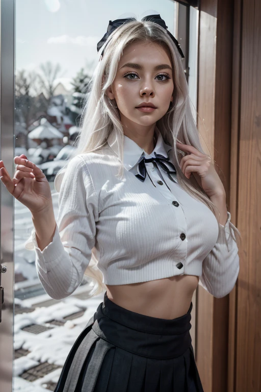 Arya, 1 girl, Alone, long whitr hair, eBlue eyes, ahoge, the bow, looking at viewert, red the bow, jaket, the bowtie, longer sleeves, nedium breasts, The shirt, open jaket, red the bowtie, doors, cow boy shot, collared The shirt, indoorss, 校服, White hair, Permanent, Open your clothes, a skirt, By bangs, a skirt, grey jaket, black a skirt, Be red in the face, pleated a skirt, Open your lips, medium nedium breasts, pleated a skirt, white The shirt, hair between eye, white jaket, Raise Hand, blazer jacket, black a skirt, upper legs, open doors, doors厅