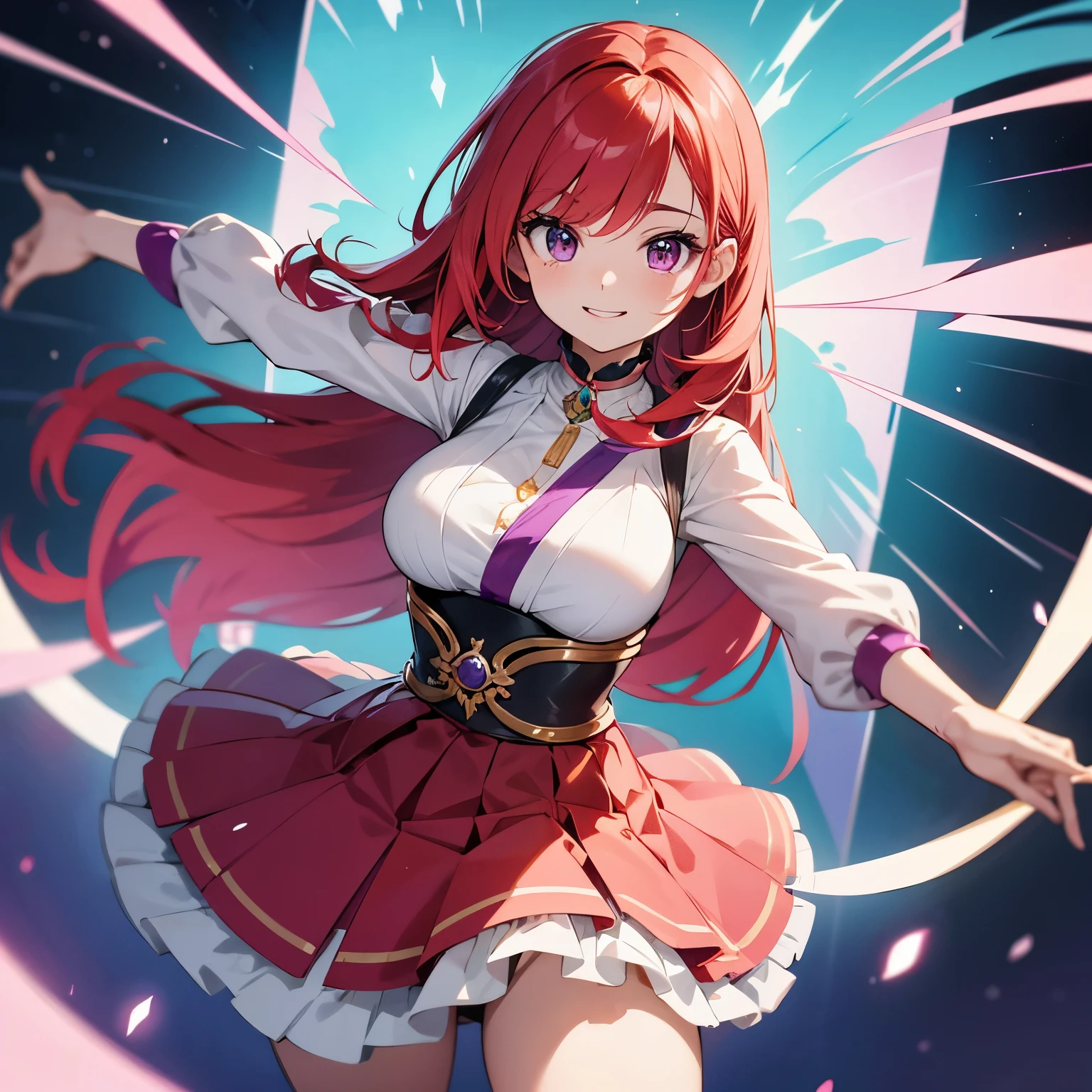 uma garota estilo waifu, with flowing red hair and vibrant purple eyes, usando um fone de ouvido estilizado. Your expression is cheerful and happy, as if dancing to a catchy song and a cute pose that captures the infectious energy of this unique character. The illustration is in Japanese anime style. Image quality is 4K, com detalhes ultra altos, perfect lighting, eh um lindo, stylized aesthetic.